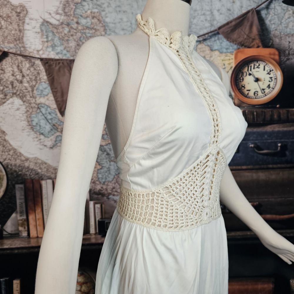 Vintage 1970s Dress Maxi Floor Length Cream Colored Crochet Neckline Inserts - Picture 12 of 15
